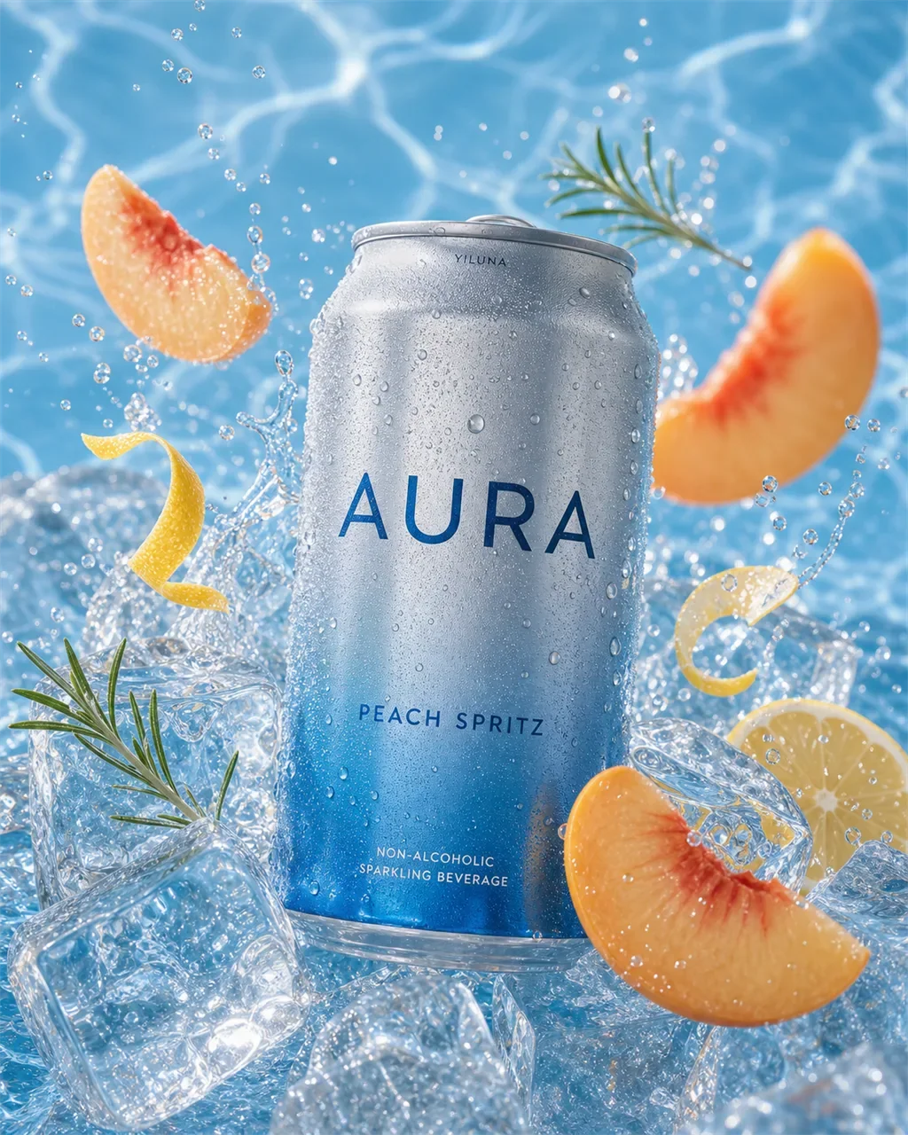 AURA Peach Spritz — A cold premium sparkling beverage ad