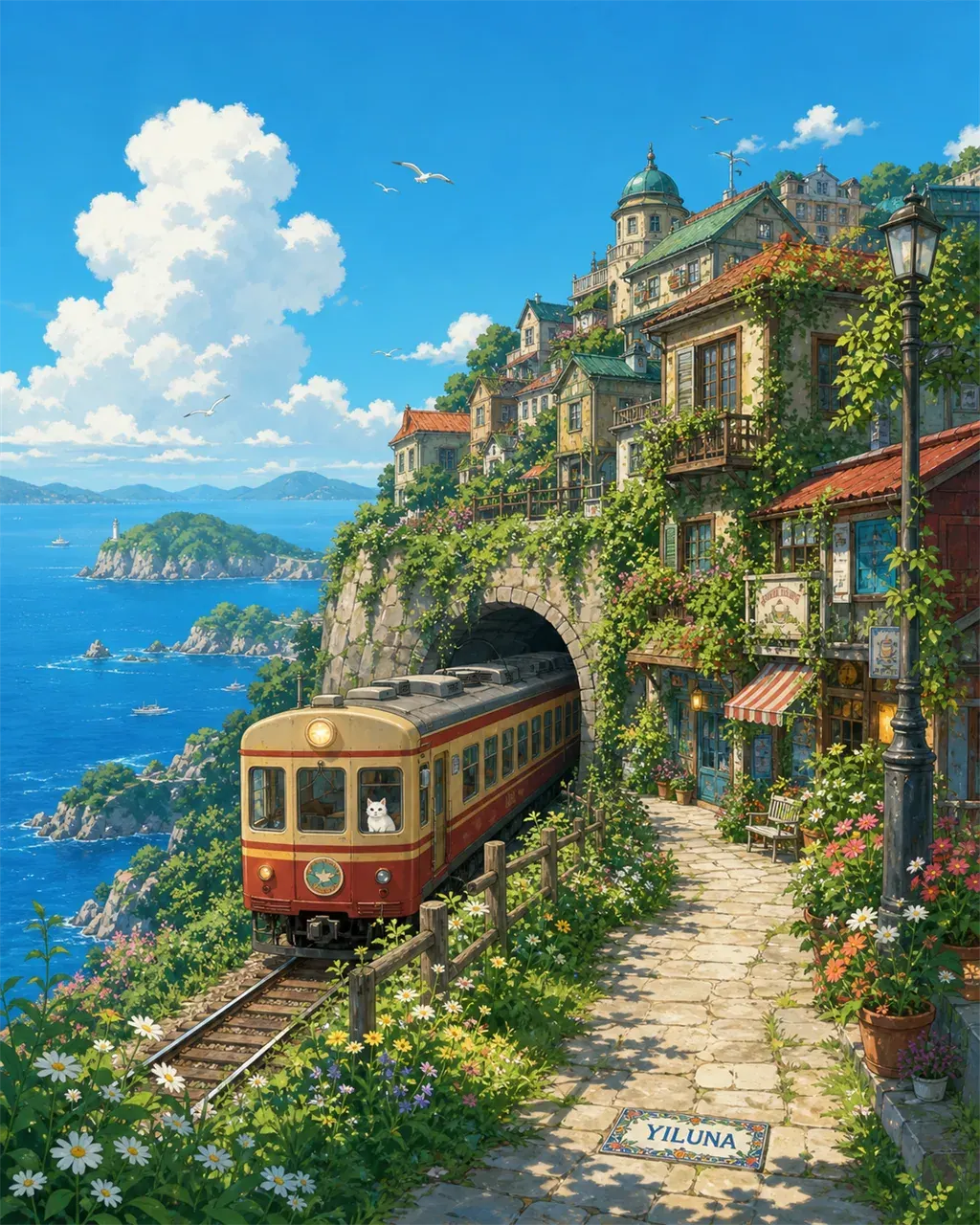 Cliffside Train Village — A bright coastal village with a vintage train