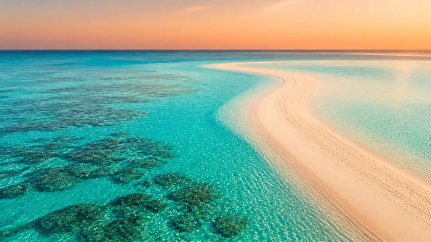 Coral Dawn Abstraction — A real sandbar, lagoon, coral shadow, and peach dawn become luxurious natural color fields.