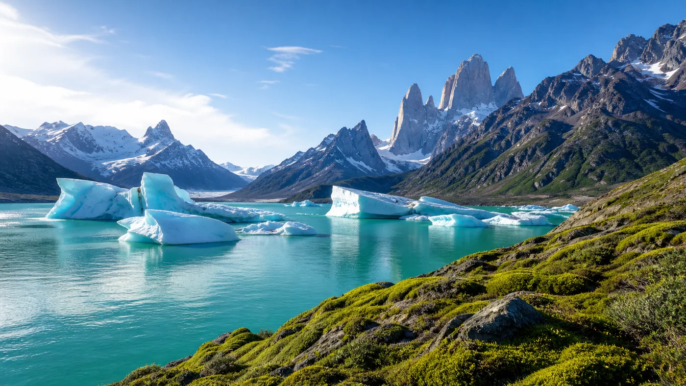 Jade Glacier Breath — A mineral lake with icebergs and granite spires balances austere clarity with living green.