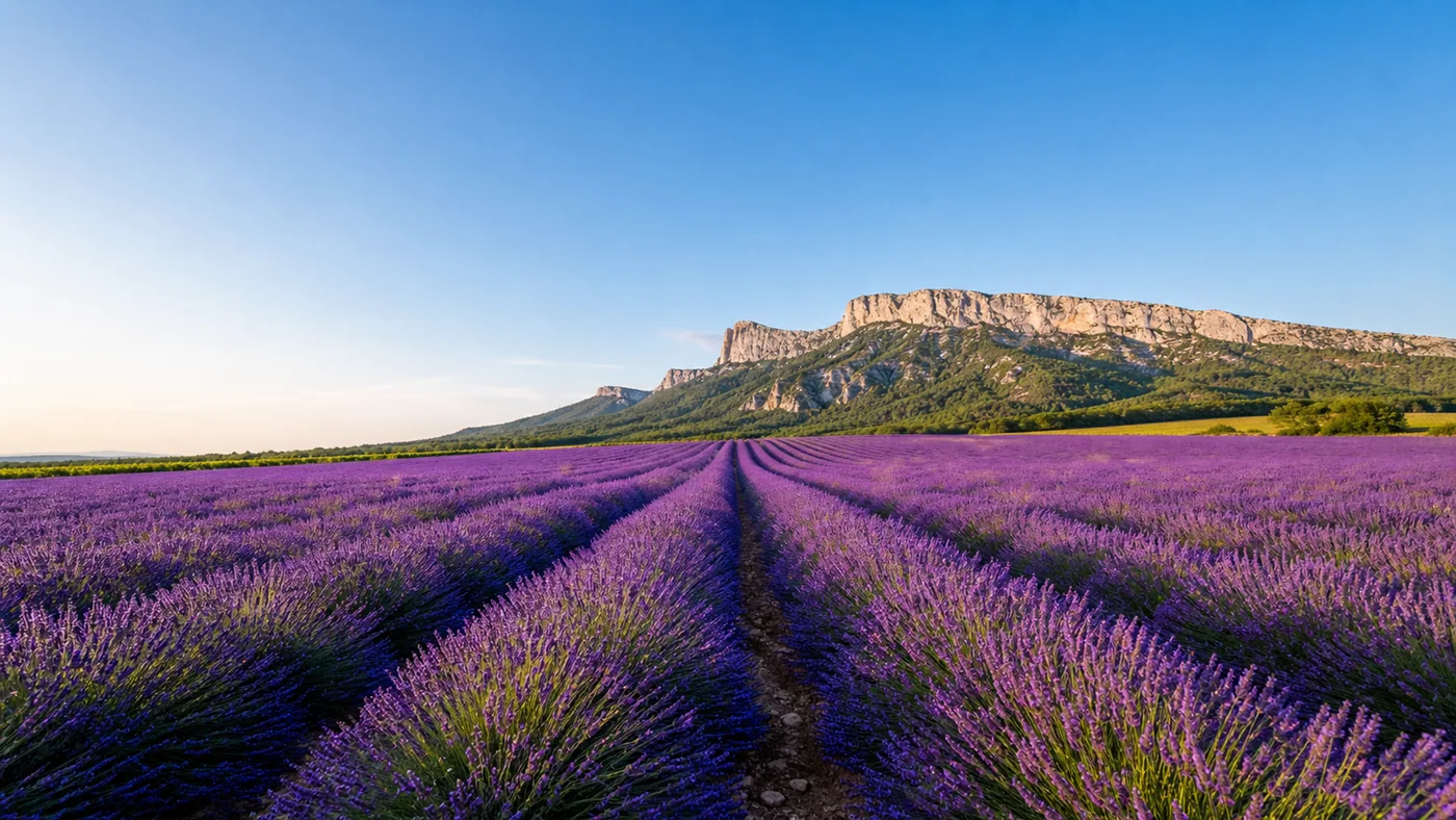 Lavender Wind Geometry — Real bloom rows become a natural purple field with clean sky and soft limestone distance.