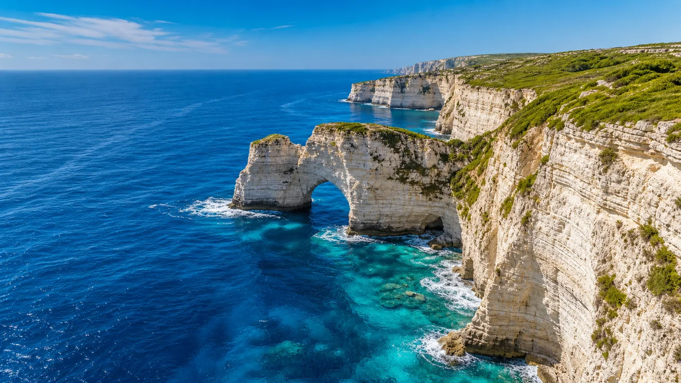 Marble Coast Blue — Ivory cliffs and ultramarine water feel like refined natural architecture.