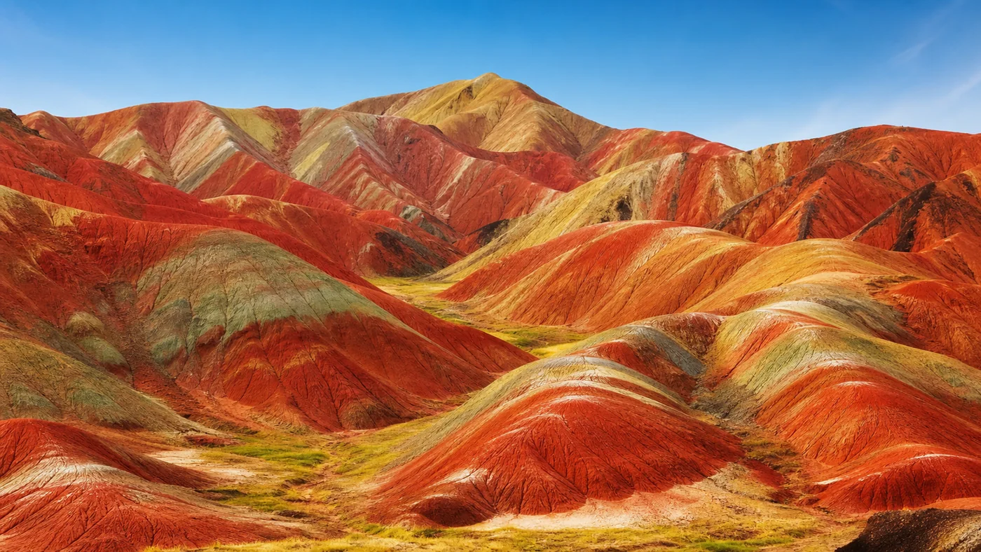 Rainbow Danxia Alive — Rain-polished mineral bands become realistic color fields without artificial geometry.