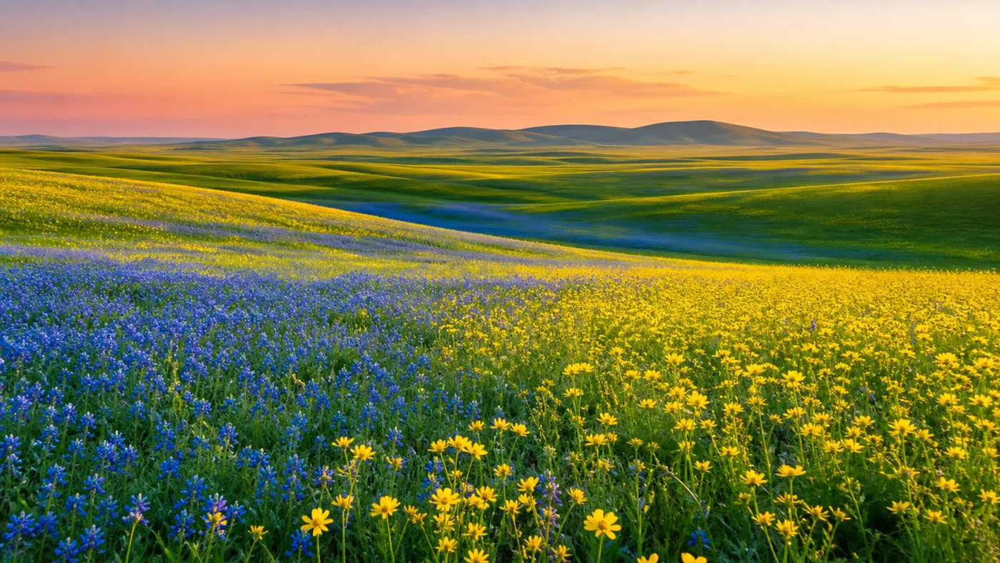 Prairie Aurora of Flowers — Blue-yellow flower bands and emerald grass make a broad living wave.