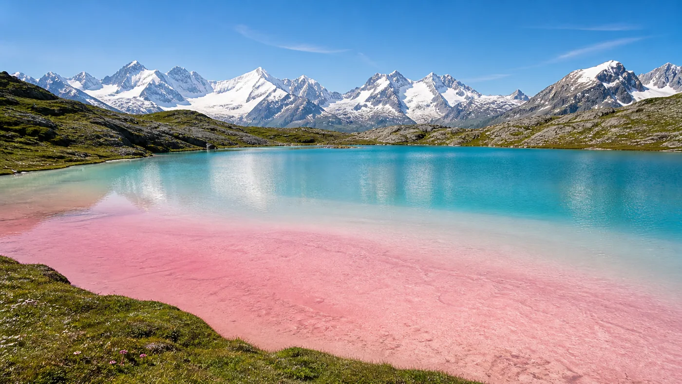 Pink Alpine Lake — A blush-pink shallows, turquoise center, green tundra, and snow peaks feel rare but real.