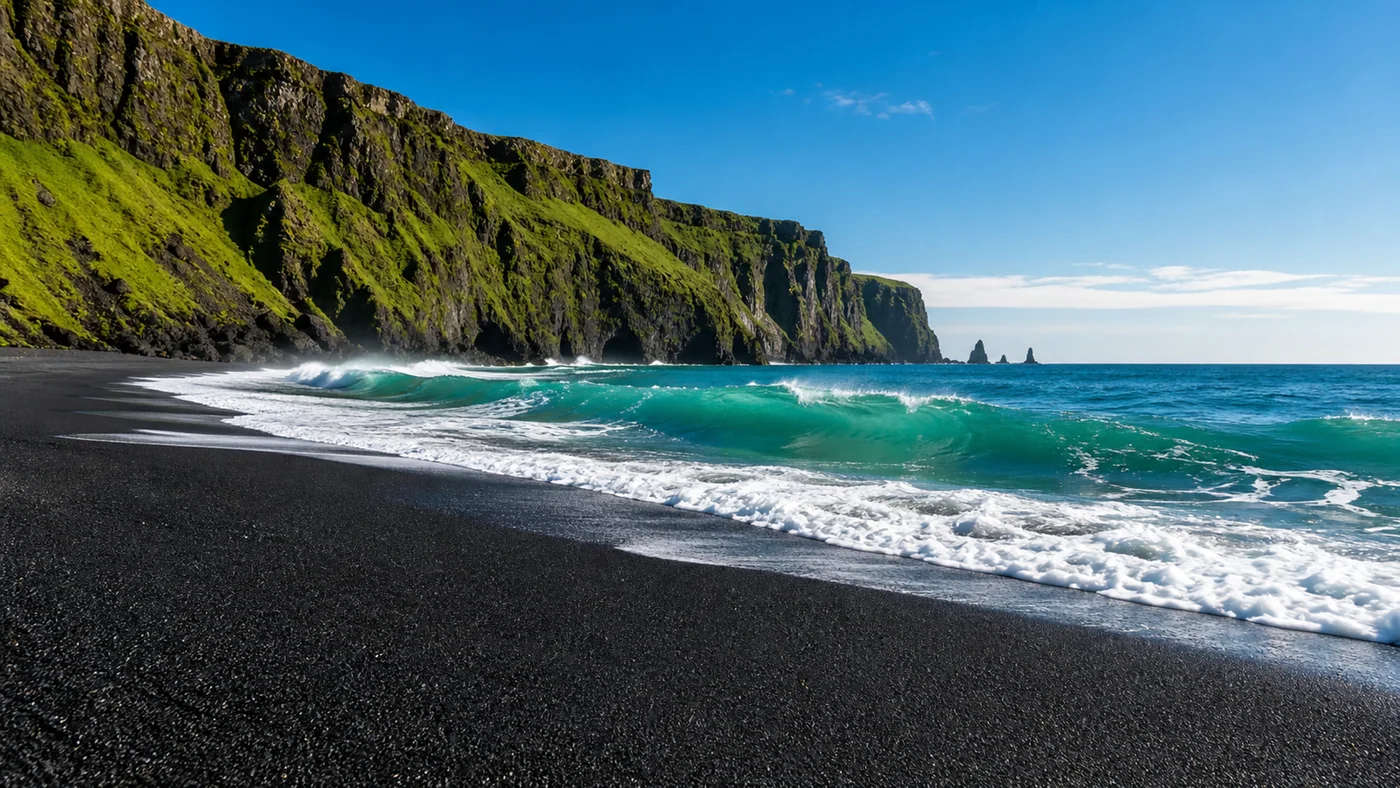 Black Sand Emerald Surf — AI landscape prompt result