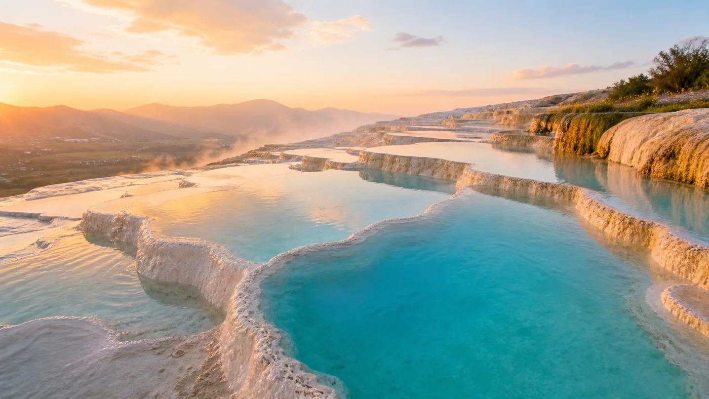 Mineral Terrace Light — Turquoise pools and ivory stone terraces cascade in soft sunrise light.