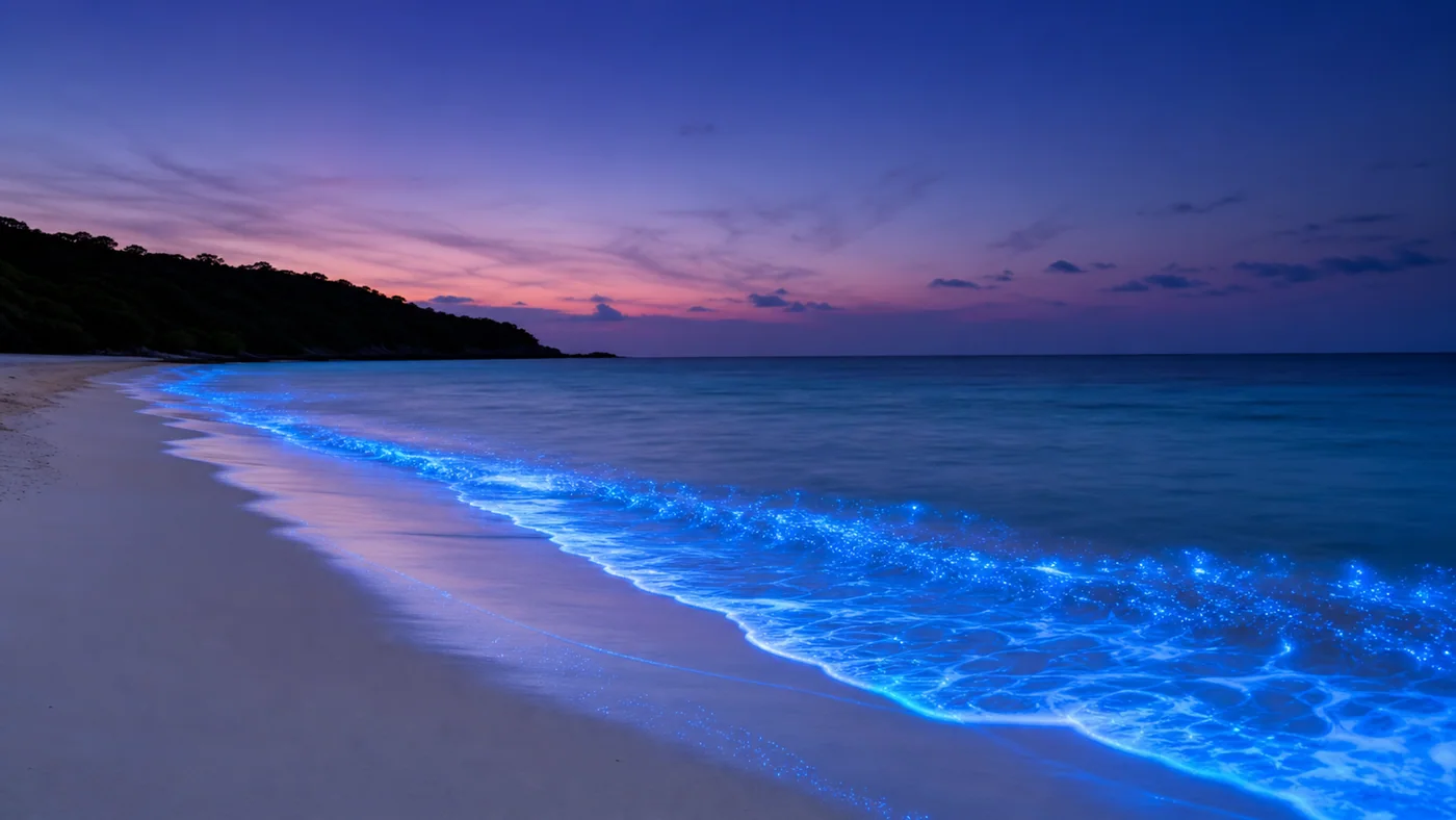 Bioluminescent Tide — Natural plankton glow traces the surf while sea and sky stay clean and real.