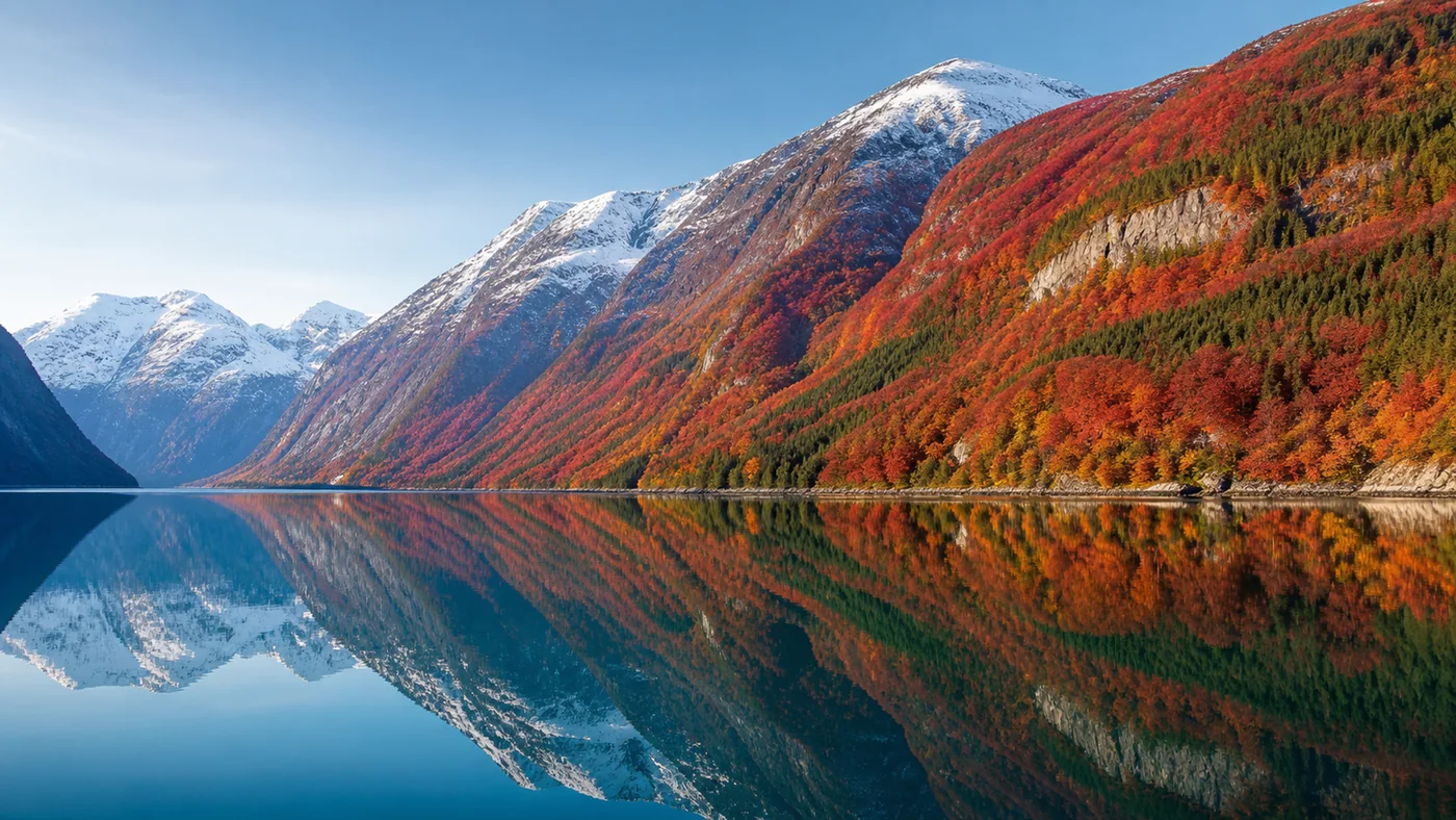 Fjord Autumn Without Decay — Teal water, crimson-green living foliage, snow peaks, and pale sky avoid dull autumn decay.