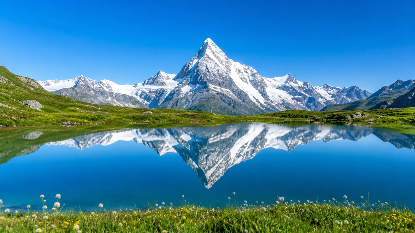 Perfect Mountain Mirror — A snow mountain reflected in turquoise water becomes almost impossibly calm but believable.