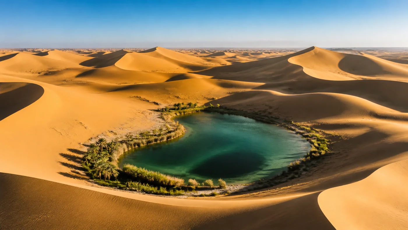 Oasis Geometry Made by Wind — Wind-shaped dunes and an emerald oasis create natural geometry without graphic fakery.