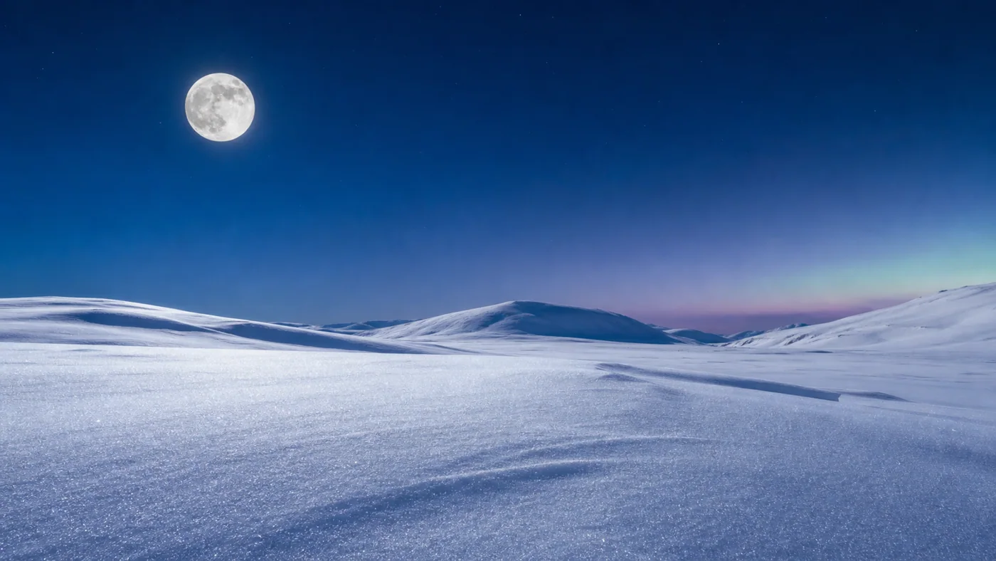 Moonlit Snow Minimalism — Moonlit snow, blue twilight gradient, and distant hills form a peaceful natural ad background.