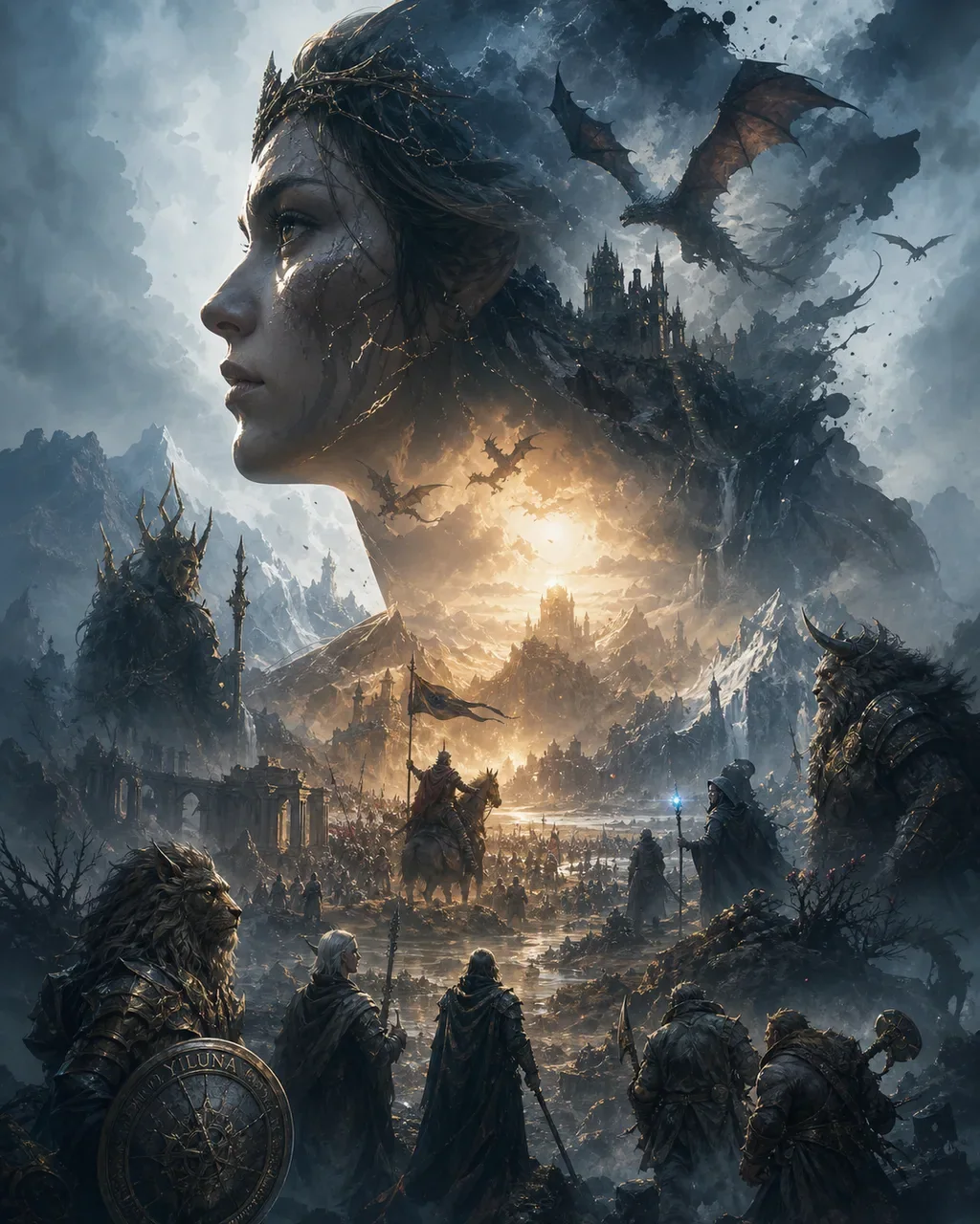 Mythic Double Exposure Saga — A face silhouette holding an epic world