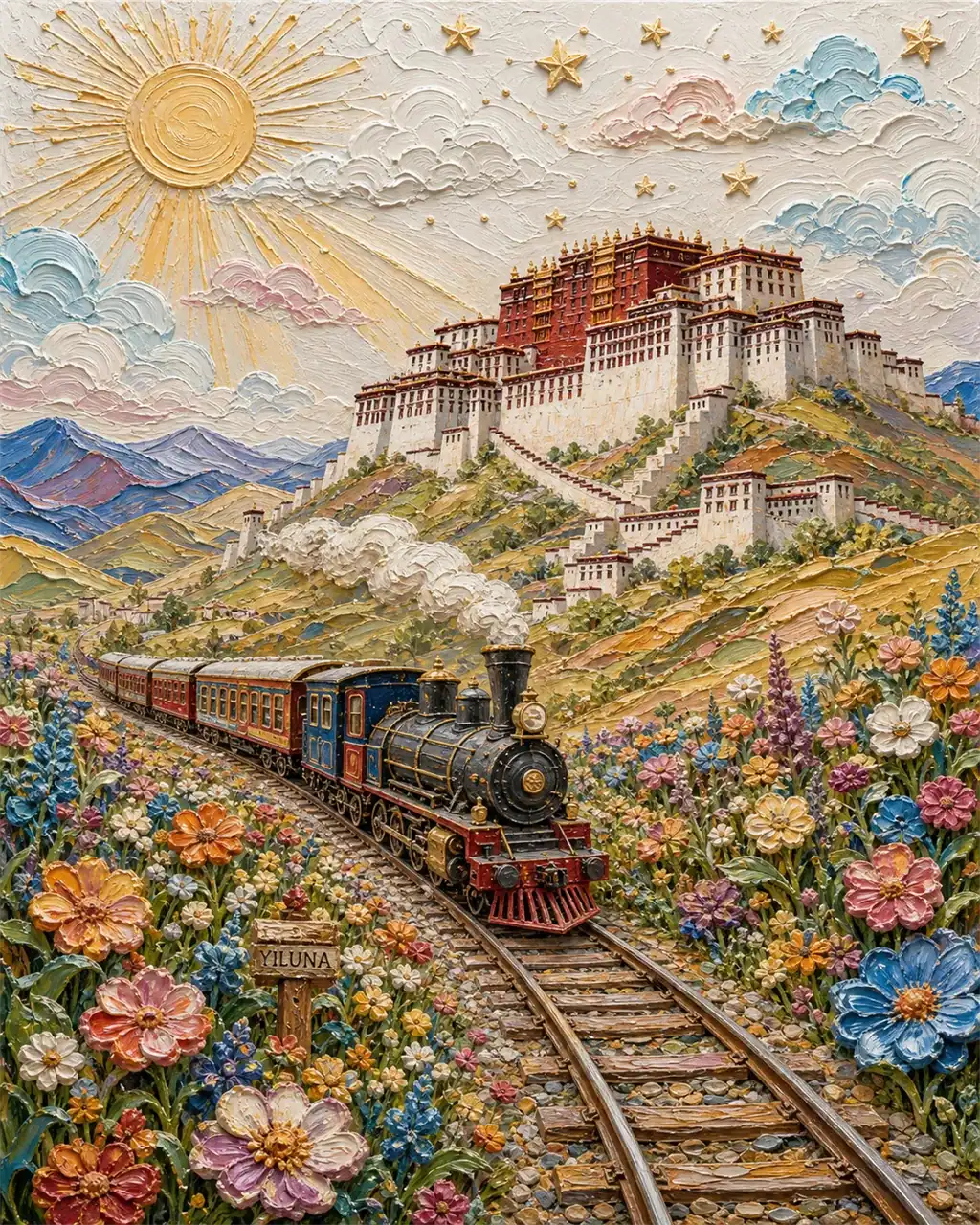 Painted Railway Dream — A sculpted paint railway under sun and stars