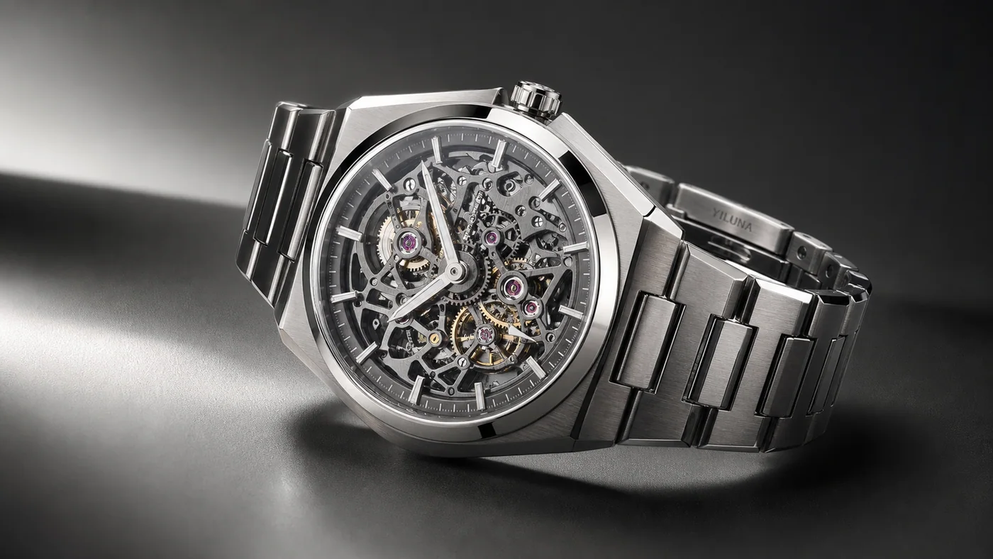 Mechanical wristwatch with a steel bracelet and exposed dial