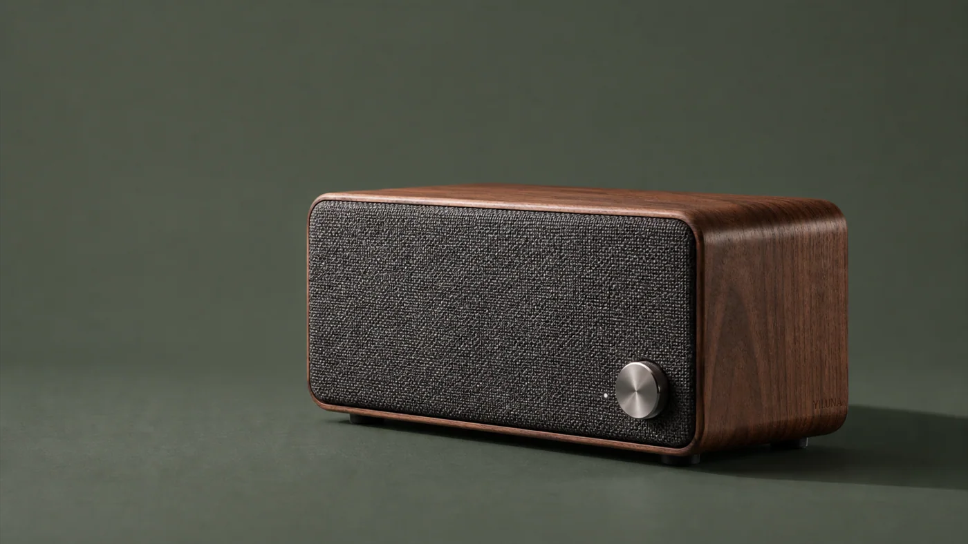 Walnut and fabric speaker on a dark green studio background