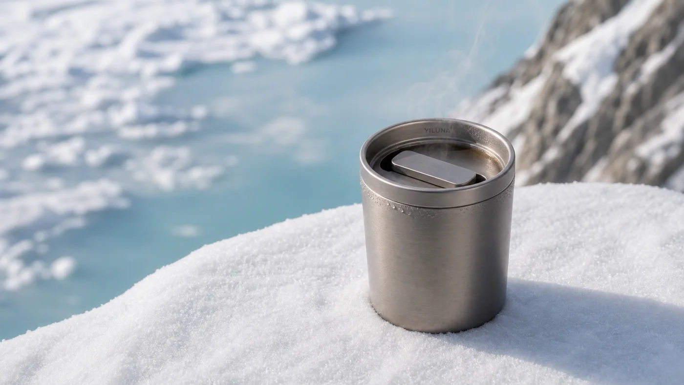 AI-generated stainless steel travel mug in snow, with steam and an alpine lake behind it