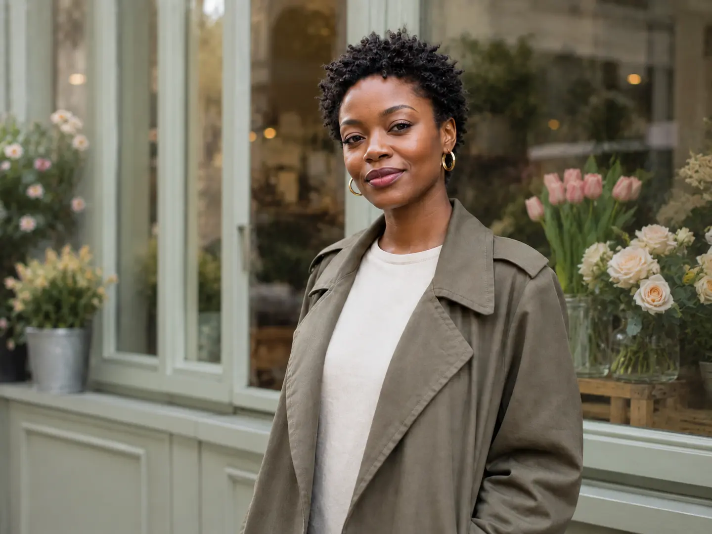 Edited portrait: the same recognizable woman with a sage-green flower shop behind her