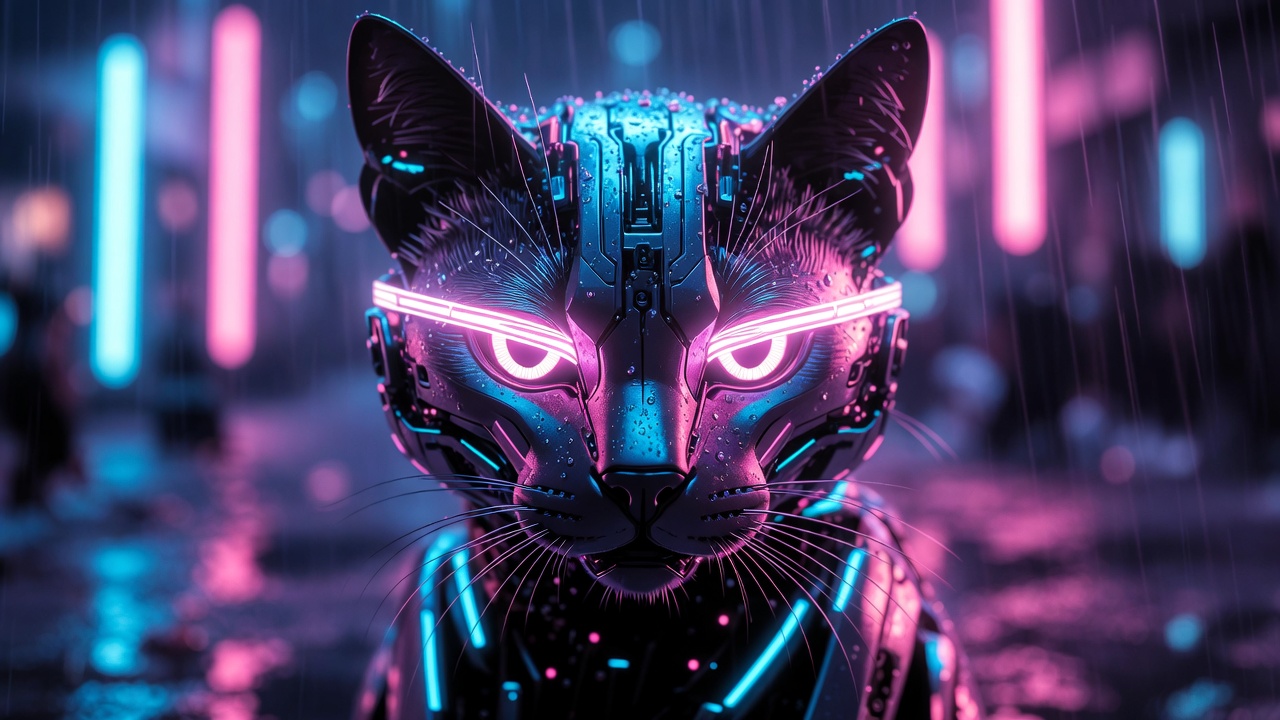 A Cybernetic Cat With Neon Eyes — Cyberpunk