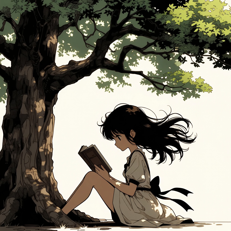 A Girl Reading A Book Under A Big Tree — Anime Art