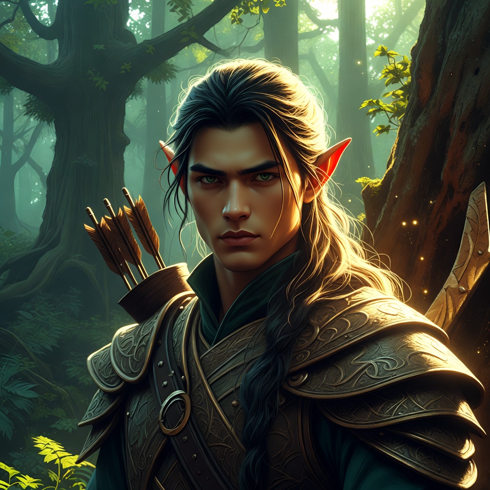 A Noble Elf Ranger In An Emerald Forest — Character Portrait