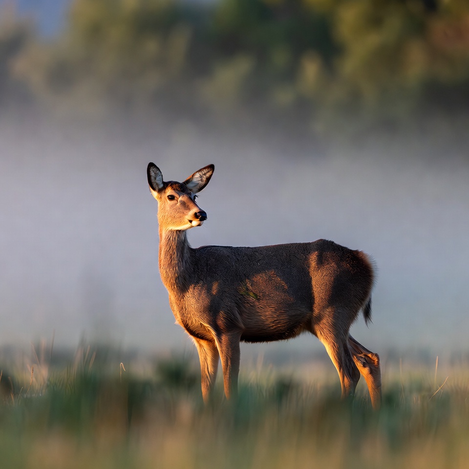 A Deer Standing In A Foggy Field — Animal