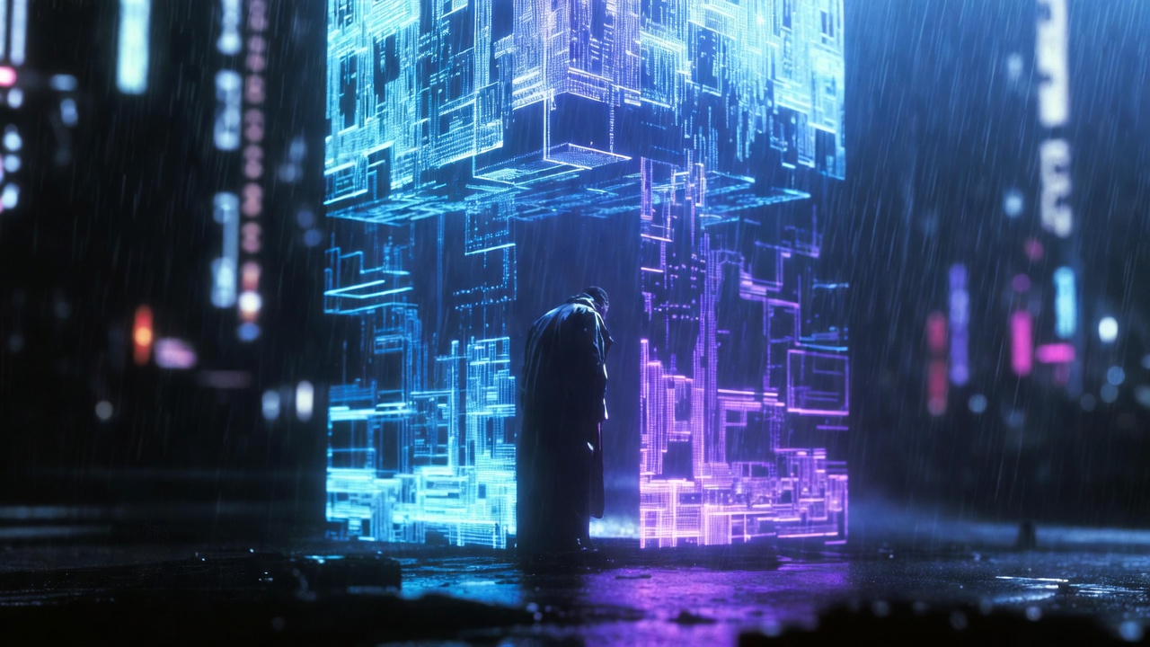 A Lone Figure Under Giant Holograms — Cyberpunk