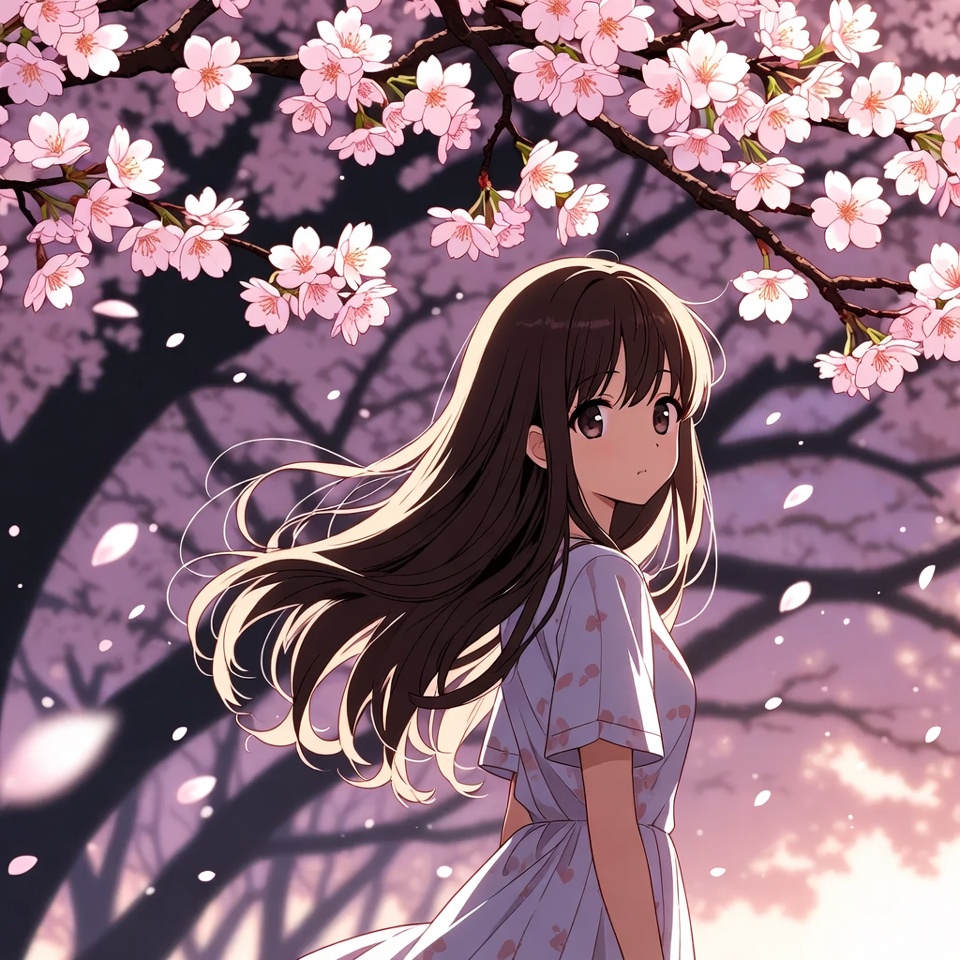 Anime Girl With Flowing Hair Among Cherry Blossoms — Anime Art