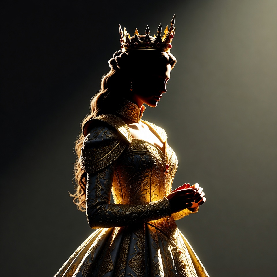 A Royal Queen In An Ornate Golden Gown — Character Portrait