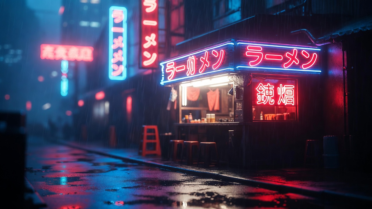 A Neon Ramen Stall Glowing In The Rain — Cyberpunk