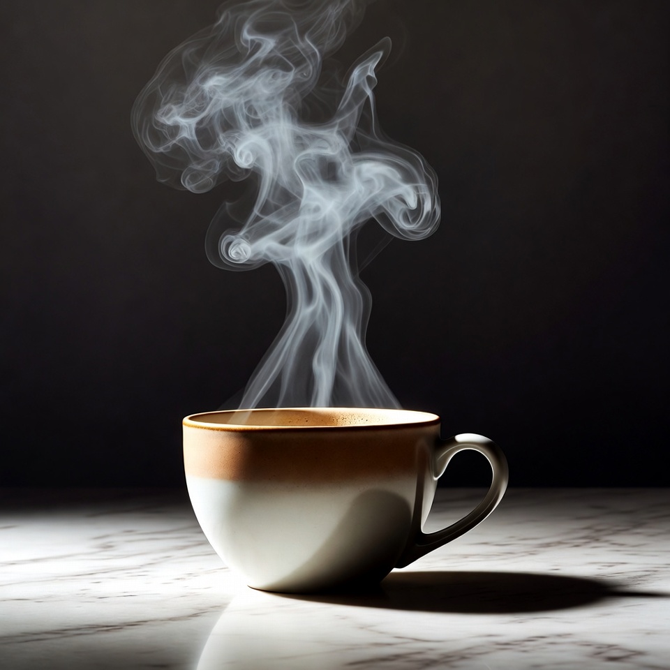 A Coffee Cup With Swirling Steam On Marble — Product Shot