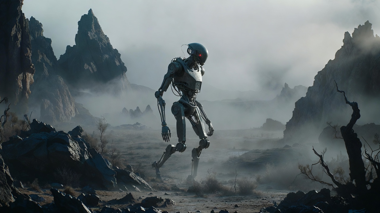 A Robot Walking Through A Misty Wasteland — Sci-Fi Scene