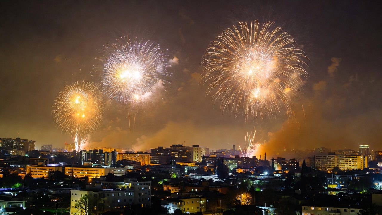 Fireworks Bursting Over A Night City — Landscape