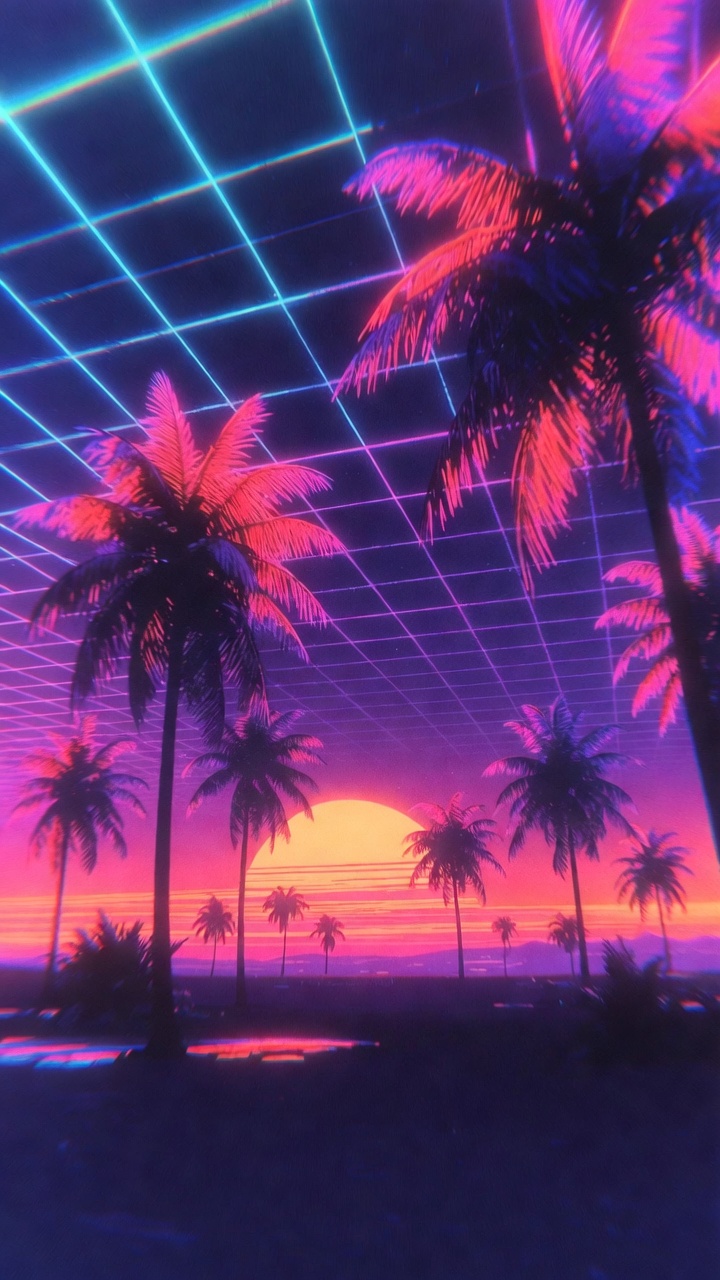 Vaporwave Neon Palm Trees And Grid Sunset — Phone Wallpaper