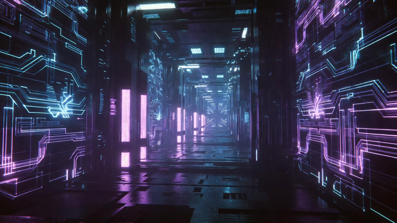 A Glowing Cyber Data Center Corridor — Sci-Fi Scene