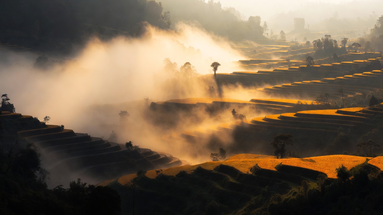 Terraced Rice Paddies In Morning Mist — Desktop Wallpaper