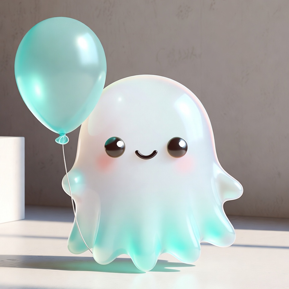 A Cute Ghost Holding A Balloon — 3D Render