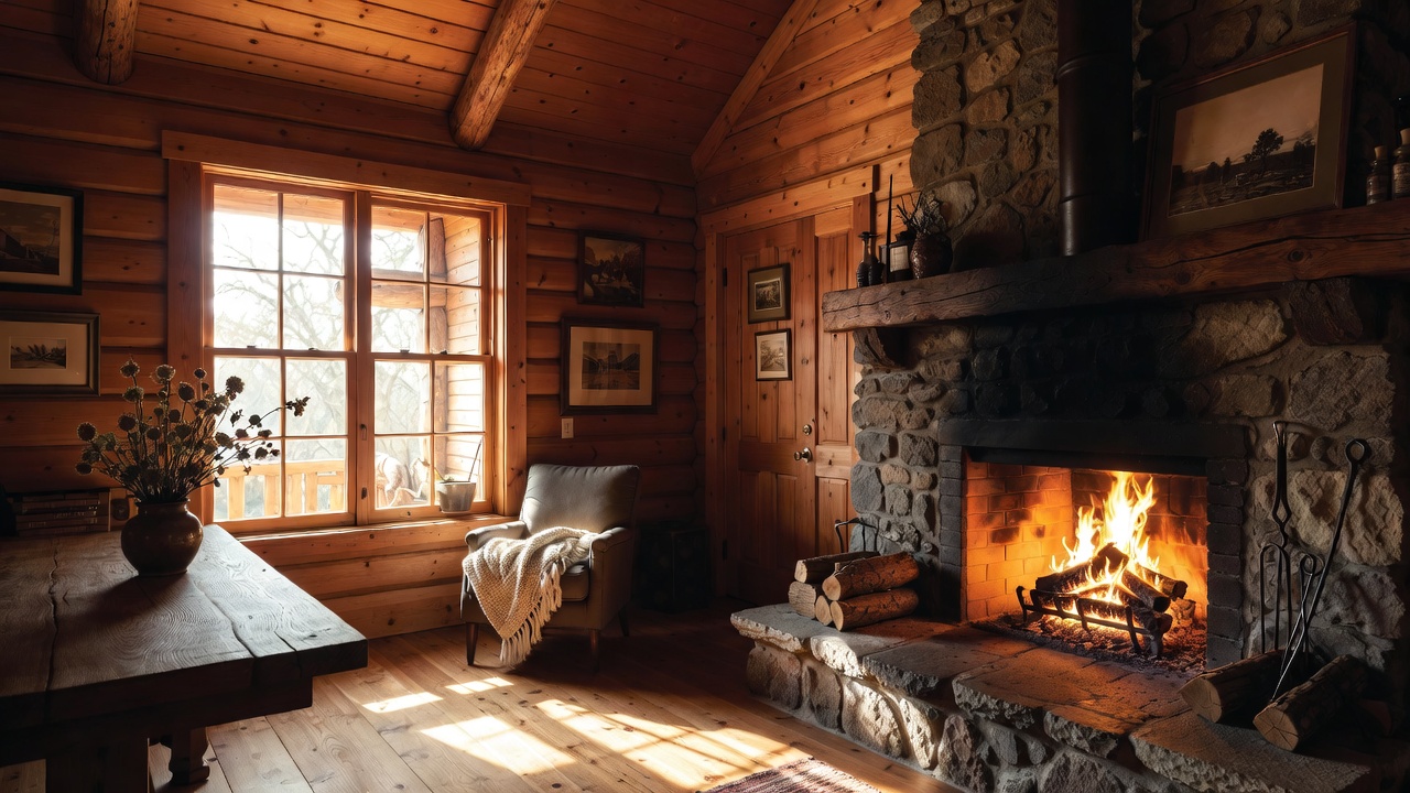 A Warm Cabin Interior By The Fireplace — Interior