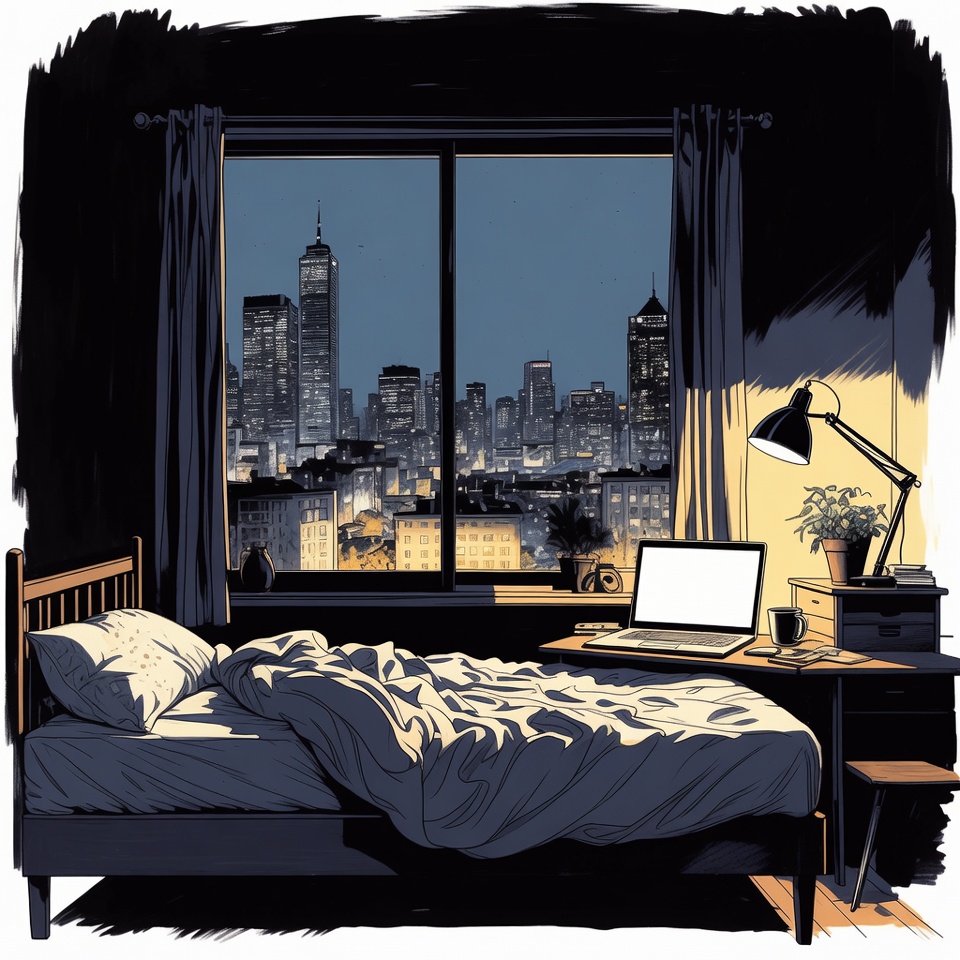 Cozy Lofi Bedroom At Night With City View — Anime Art