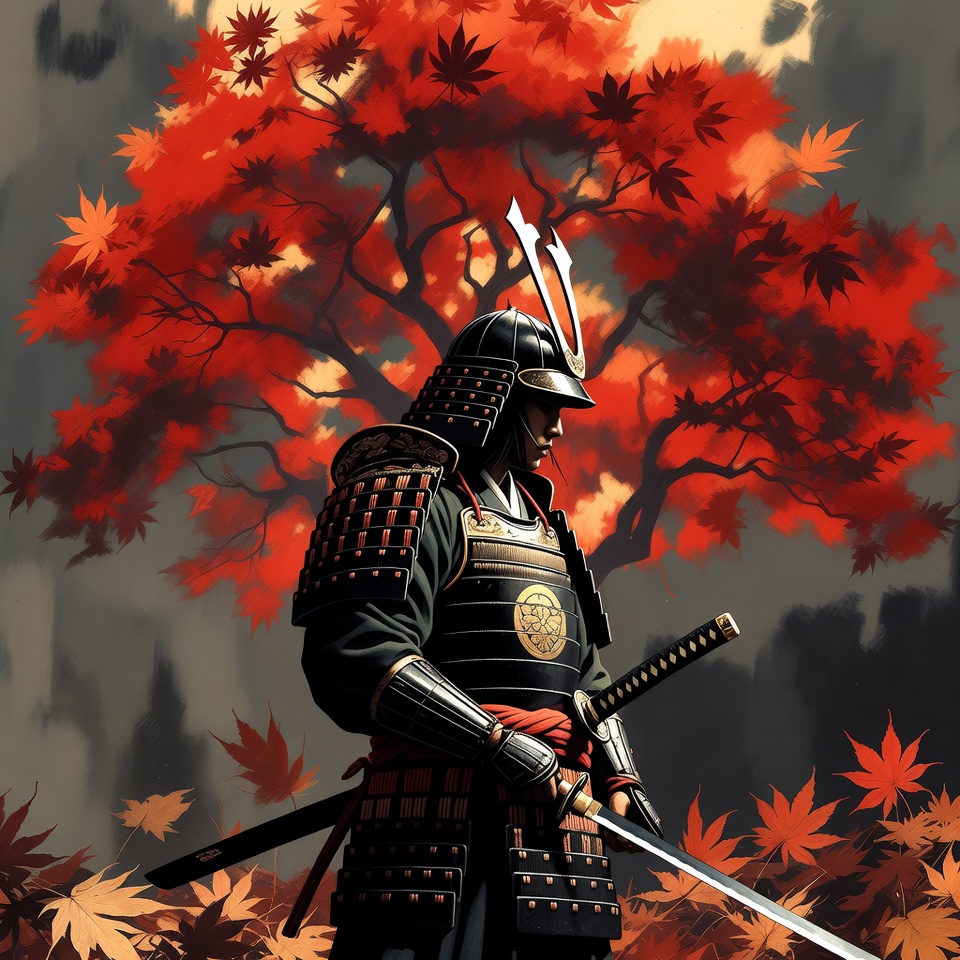 A Lone Samurai Under A Red Autumn Maple — Anime Art