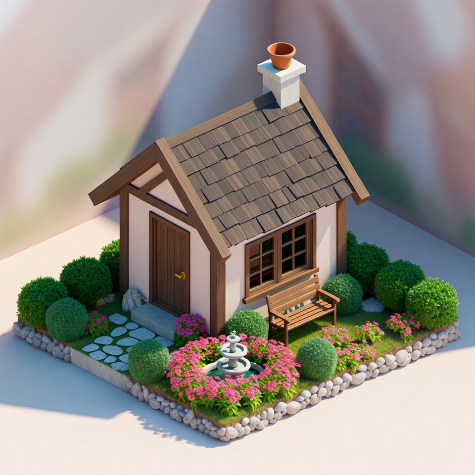 An Isometric Tiny Cottage With A Garden — 3D Render