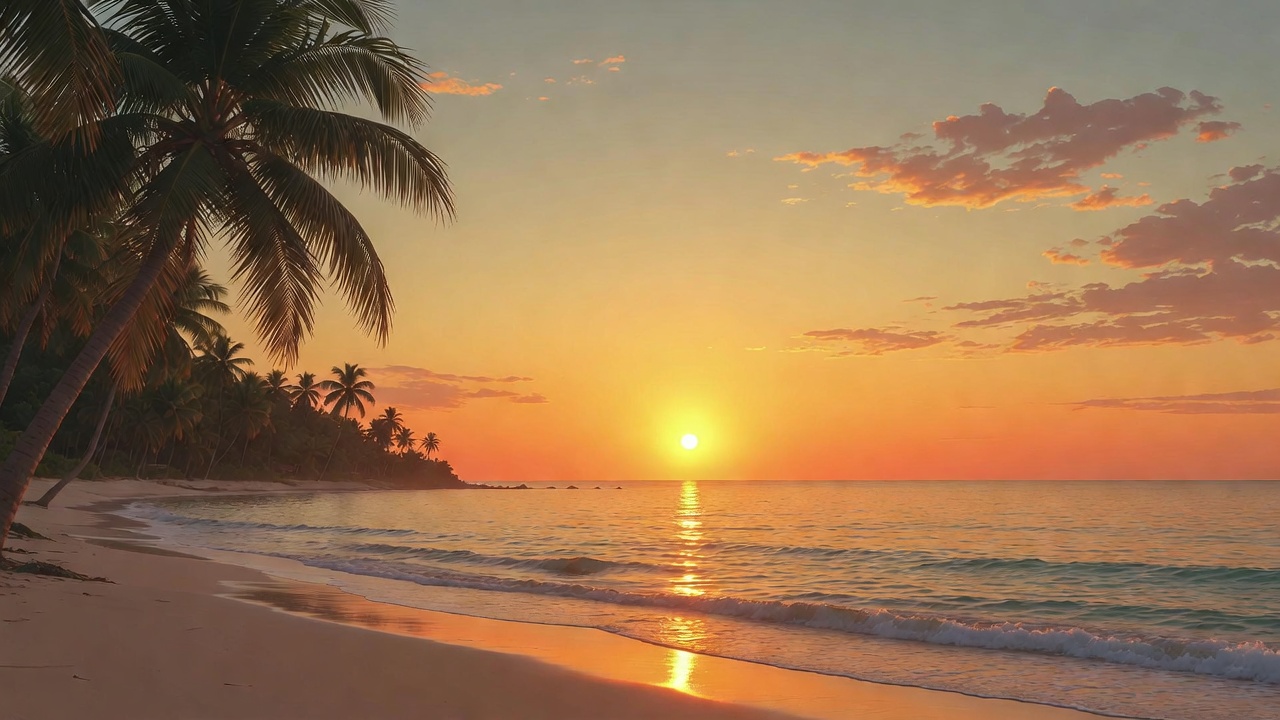 A Summer Beach With Palm Trees At Sunset — Landscape