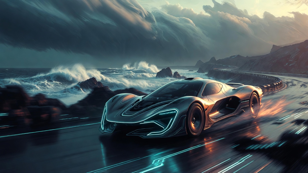 A Futuristic Concept Car On A Coastal Road — Sci-Fi Scene