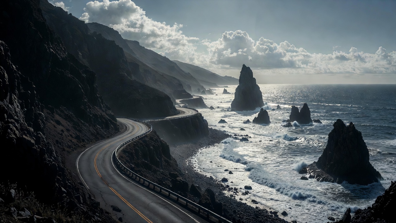 A Winding Cliffside Coastal Road — Desktop Wallpaper