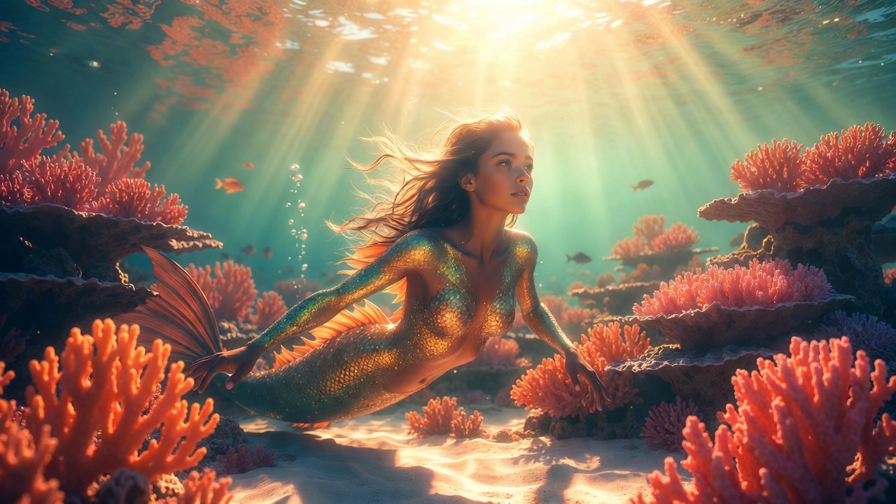A Mermaid In A Sunlit Coral Reef — Fantasy