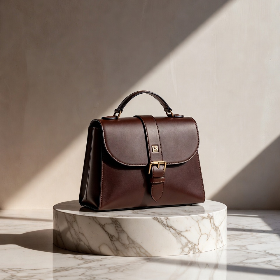 A Leather Handbag On A Marble Pedestal — Product Shot