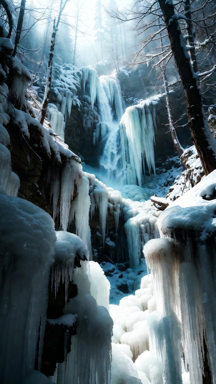 A Frozen Waterfall In A Winter Forest — Phone Wallpaper