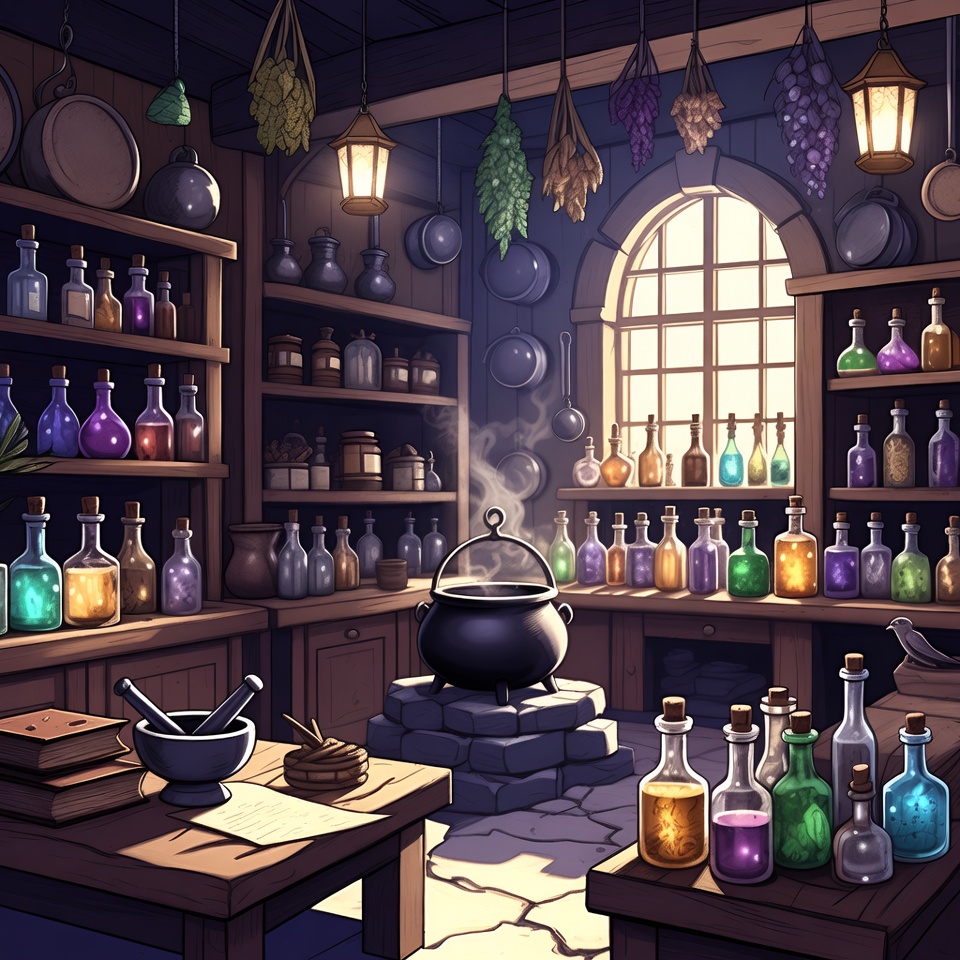 A Witch'S Cozy Potion Shop Interior — Anime Art