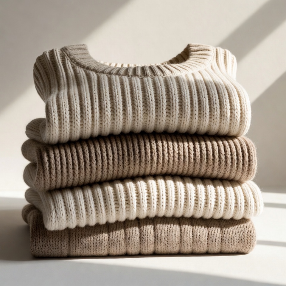 A Neatly Folded Stack Of Knit Sweaters — Product Shot