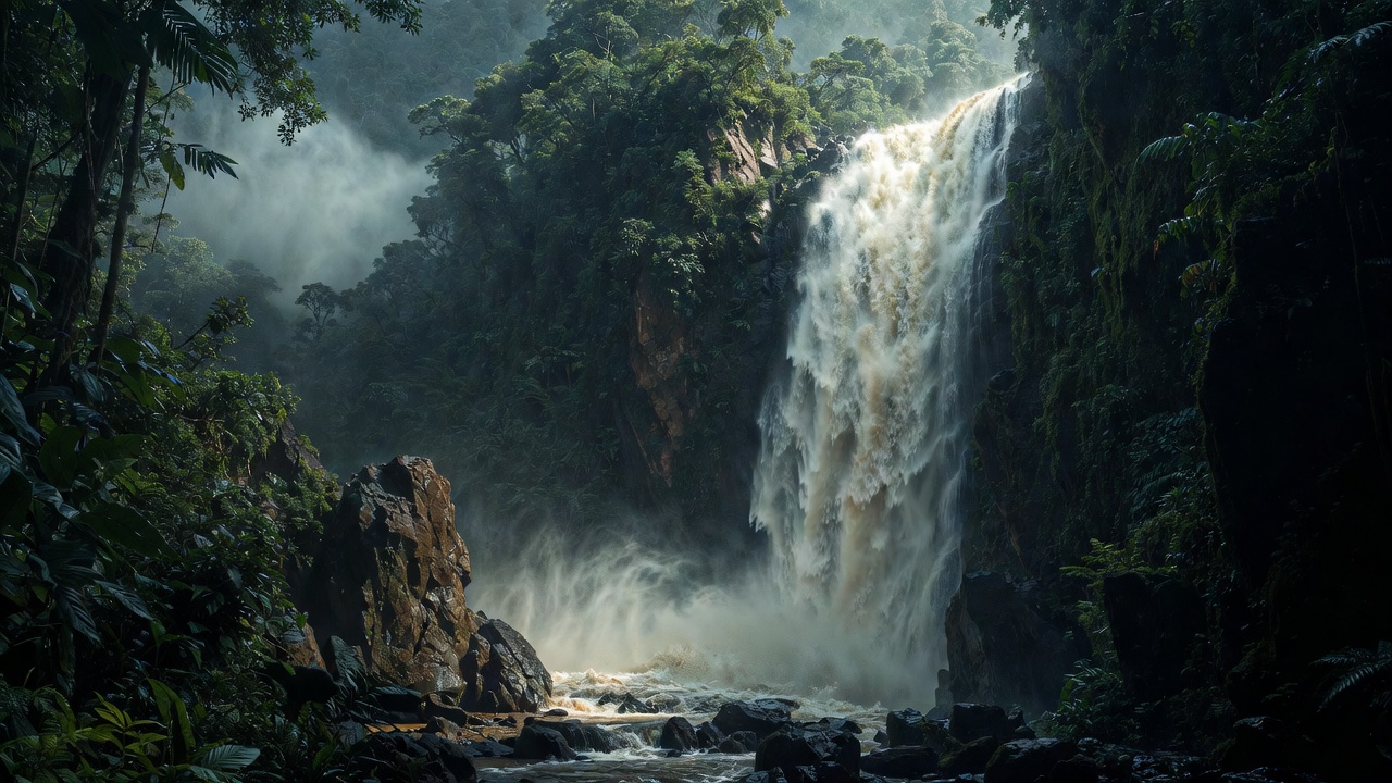 Waterfall In A Lush Green Jungle — Desktop Wallpaper